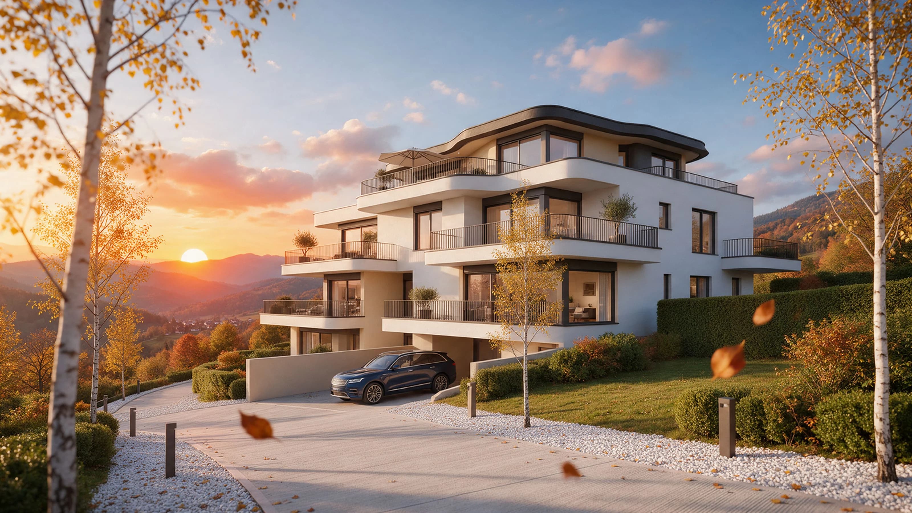 Modernes Mehrfamilienhaus mit Terrassen im Abendlicht